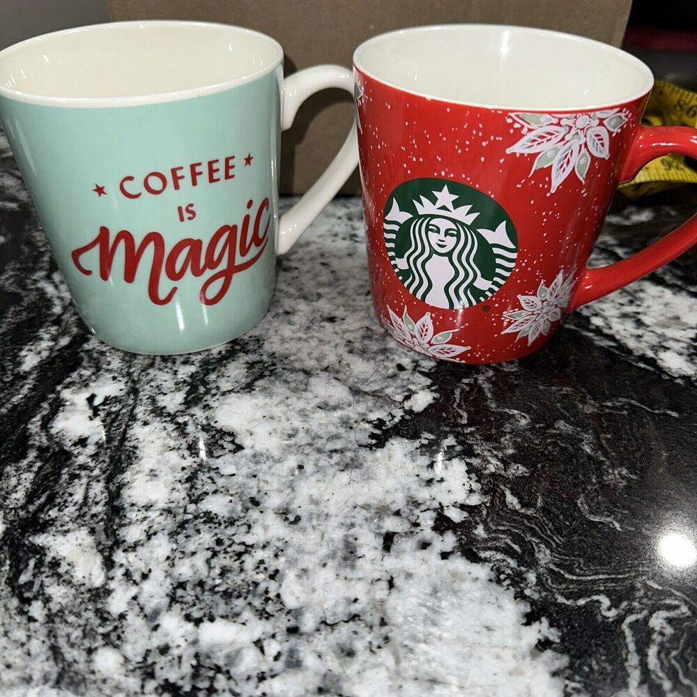 Starbucks Red Holiday Mug 18oz 2020 Holly Poinsettia & 2019 Coffee Is Magic Mug